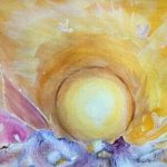 painting of yellow spherical solstice sun with doves rising over a cabin