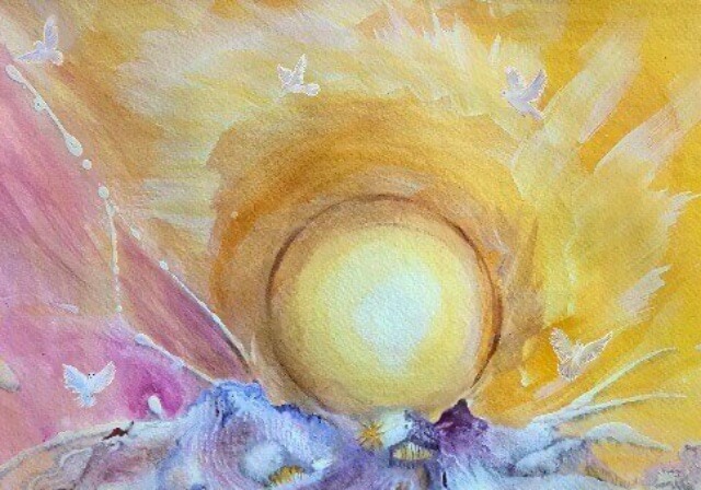 painting of yellow spherical solstice sun with doves rising over a cabin